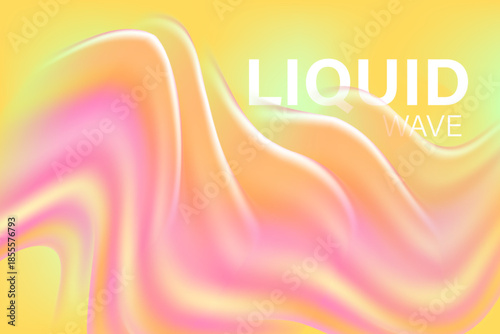 Abstract light pink, green, orange color holographic liquid water wave form, flowing organic fluid splash texture background with copy space. Elegant smooth glass shape design element decoration.