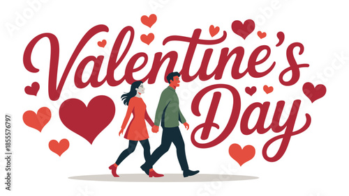 Valentine's Day Illustration: A charming illustration captures the essence of Valentine's Day with a couple in love walking hand-in-hand, surrounded by hearts. It's a visual embodiment of love.