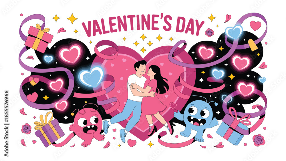 Naklejka premium Valentine's Day Illustration: A vibrant and captivating illustration depicts a romantic Valentine's Day scene with couples, hearts, ribbons, and gifts.