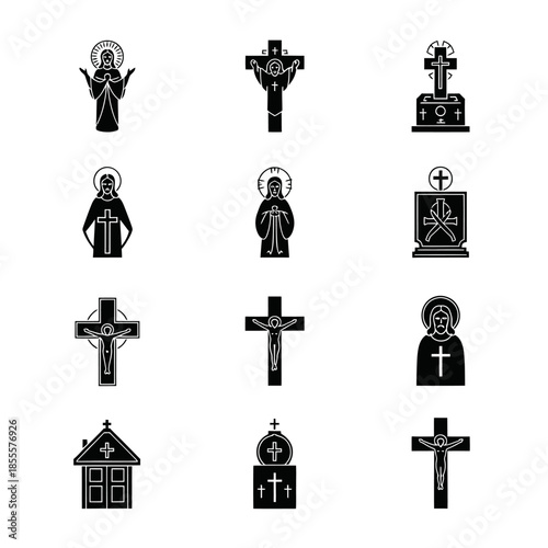 Collection of Religious Symbols and Christian Icons in Silhouette Style.
