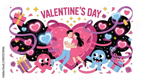 Valentine's Day Illustration: A vibrant and captivating illustration depicts a romantic Valentine's Day scene with couples, hearts, ribbons, and gifts.