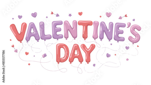 Valentine's Day Balloons: A festive display of vibrant balloons, spelling out VALENTINE'S DAY in a colorful and joyful composition. Sprinkled with heart accents.