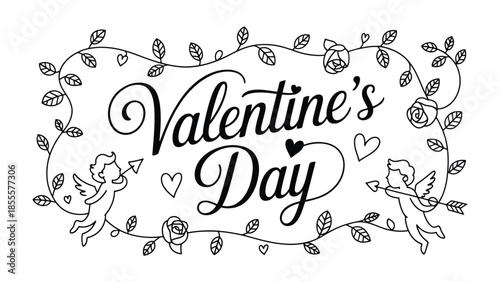 Valentine's Day Embellishment: The words Valentine's Day gracefully written, adorned with cherubic figures and floral motifs, create a visual symbol of love and romance