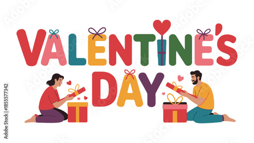 Valentine's Day Gifts of Love and Celebration: A heartwarming scene unfolds as a couple comes together, exchanging gifts as they celebrate love.