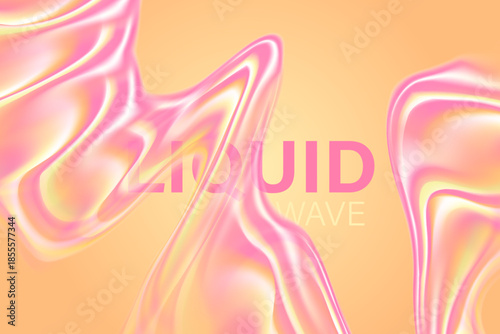 Abstract light pink, green, orange color holographic liquid water wave form, flowing organic fluid splash texture background with copy space. Elegant smooth glass shape design element decoration.