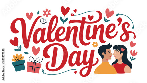 Valentine's Day Bliss: A vibrant display of love and affection, featuring an illustration with hearts, couples and gifts, perfect for celebrating romantic moments.