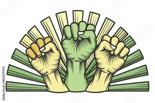 Three fists raised with green and yellow lemongrass stalks, symbolizing strength and unity in a natural, vibrant