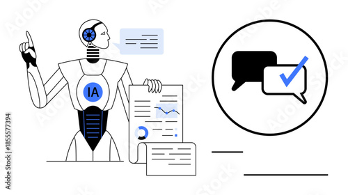Robot with AI label reviewing documents, charts, and communicating through speech bubbles with a checkmark. Ideal for machine learning, automation, digital communication, analytics, robotics
