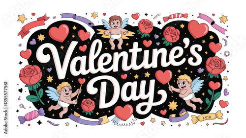 Valentine's Day: Capture the spirit of love with this whimsical illustration. Features cherubs, hearts, and roses, ideal for conveying feelings of endearment.