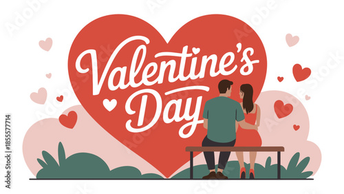 Love's Embrace on Valentine's Day: A couple sits close on a park bench under a large heart, symbolizing the warmth and romance of the day of love.