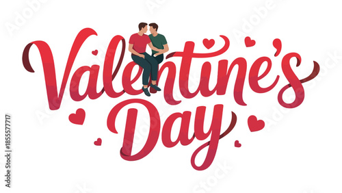 Valentine's Day Celebration: A vibrant Valentine's Day design with Valentine's Day lettering, adorned with heart symbols and a couple embracing, perfect for expressing love.