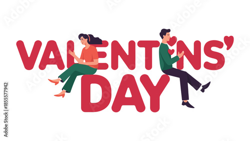 Romantic Day: Two figures find harmony as they celebrate the day. Heart symbols accentuate the affectionate tone, enhanced by the celebratory backdrop and lettering.