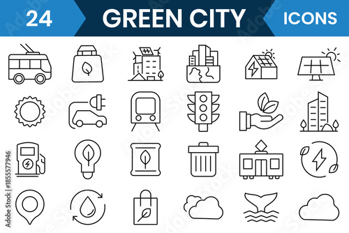 Green city icons. Set of 24 Eco Green City web icon.  Collection of Green energy Linear icons, including renewable energy, autonomous building, air, water quality, zero waste, environmental,  Bio gas.