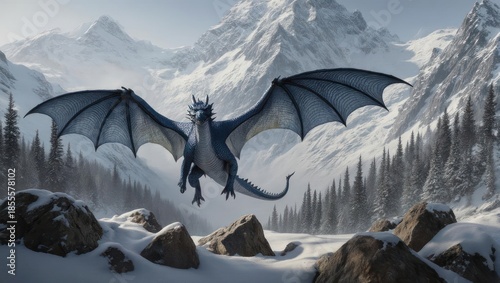 Majestic grey dragon flying over a snowy mountain range.