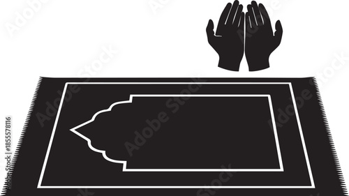Islamic prayer rug with open hands in supplication silhouette