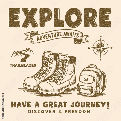 Explore adventure awaits. Have a great journey. outdoors t-shirt design.  Outdoor wilderness graphic for streetwear, apparel prints, and adventure-inspired fashion. Vintage Summer Camp T-Shirt Design 