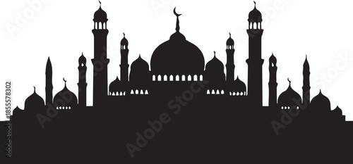 Silhouette of a grand mosque with multiple domes and minarets