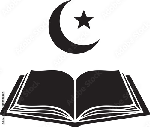Islamic crescent moon and star above open holy book silhouette