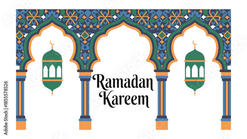 Ramadan Kareem: Decorated arches, each adorned with a suspended lantern, frame the message of Ramadan Kareem, embodying the spirit of the holy month.