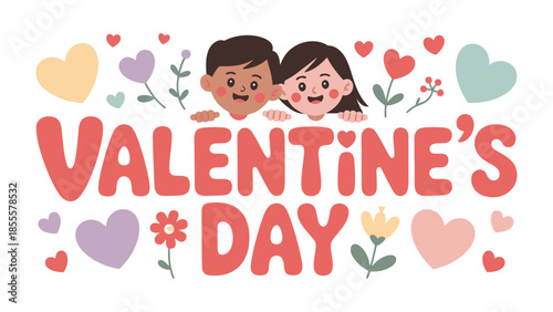 Valentine's Day Couple's Delight: Celebrate love and togetherness with an adorable couple amidst a vibrant display of hearts and flowers, embodying the spirit of Valentine's Day.