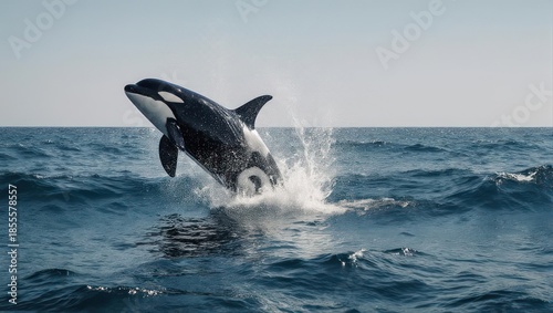 Orca whale breaching the ocean surface with a dramatic splash.