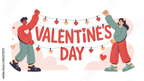 Love's Festive Display: A couple joyfully displays a banner celebrating Valentine's Day, adorned with heart-shaped lights, symbolizing love, romance and connection.