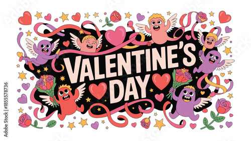 Love's Festive Embrace: An illustrated composition exuberantly announces Valentine's Day, framed by playful cherubic figures and decorative elements. 