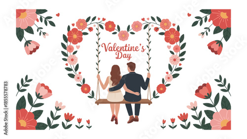 Valentine's Day Couple on a Swing: A romantic illustration of a couple on a swing within a floral heart, with the text Valentine's Day adding a touch of romance to the scene.