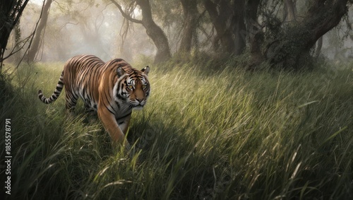 Majestic tiger prowling through lush green jungle environment, hunting prey.