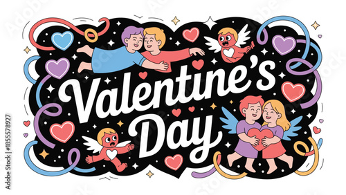 Love's Embrace on Valentine's Day: A vibrant illustration celebrates Valentine's Day, filled with the warmth of love, cherubic figures, and the enchantment of romance, set against a star-studded sky.