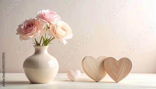 Wallpaper Mural Pink ranunculus flowers in white vase with wooden heart decorations Torontodigital.ca