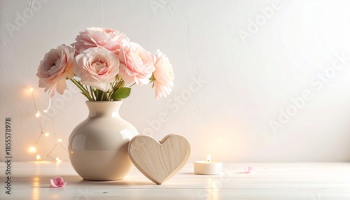 Wallpaper Mural Pink roses in white vase with wooden heart and candle, soft light background Torontodigital.ca