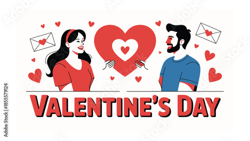 Valentine's Day Couple in Love: A couple, surrounded by hearts and love letters, looks at each other at Valentine's day. A beautiful illustration, capturing the essence of love and romance.