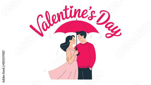 Valentine's Day Love: A romantic couple shelters beneath a vibrant umbrella, symbolizing love and togetherness, against a backdrop of celebratory text for this day of affection.