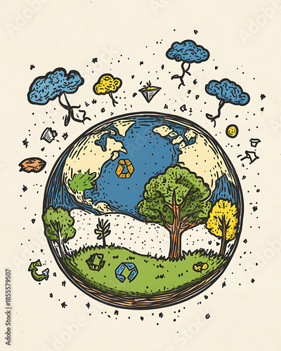 recycling and nature themes: photos of trees sprouting from waste, Earth held above trash, and green initiatives with ample blank spaces for environmental messages.