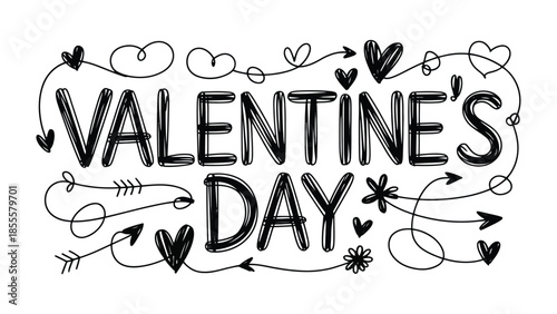 Valentine's Day graphic: A hand-drawn illustration featuring the words Valentine's Day, adorned with heart accents and arrows.