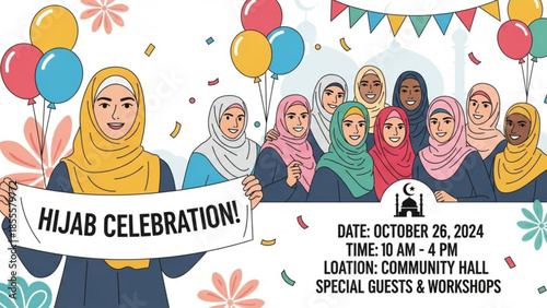 Diverse group of women celebrating hijab illustration for event invitation and cultural awareness with balloons and festive decorations