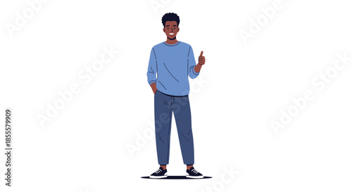 A happy and confident young Black man stands smiling and gives a thumbs-up gesture, wearing a casual blue shirt and dark pants.