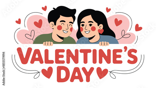 Valentine's Day Couple in Love: A cartoon couple gazing at each other lovingly, with Valentine's Day sign. surrounded by the iconic hearts.
