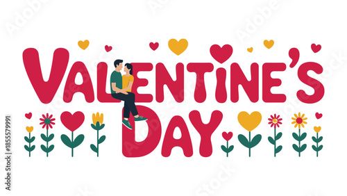 Valentine's Day Illustration: a couple share a tender moment atop colorful letter, surrounded by hearts and blossoms, a charming expression of love and affection.