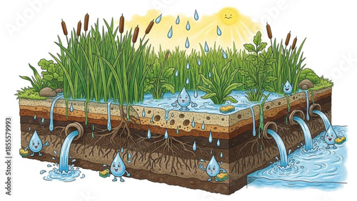 Cross section of a wetland ecosystem showing water cycle and drainage with plants soil layers and cute water drop characters