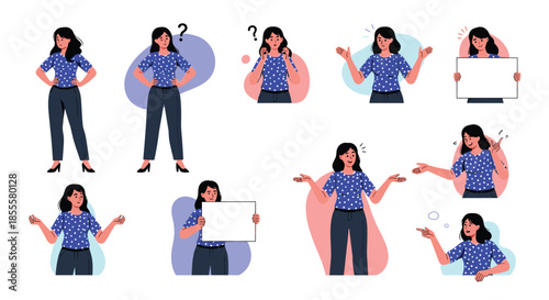Vector illustrations of a woman expressing confusion, questioning, shrugging, explaining, and presenting ideas.