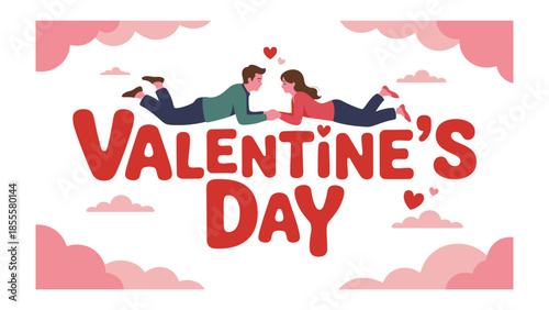 Romantic Valentine's Day Greeting: A sweet and tender Valentine's Day illustration depicts a couple in love, with the text of Valentine's day is featured on the image.