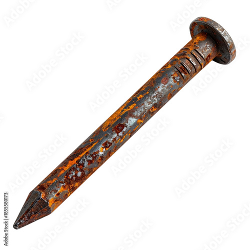 A rusty nail with a weathered appearance, showcasing a textured surface and a worn-out tip.