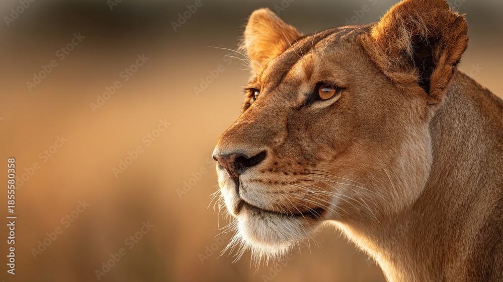 Naklejka premium lioness. A close-up of a lioness in the savanna, showcasing strength and wild beauty. wildlife magazines, conservation campaigns, designed for nature documentaries and education.