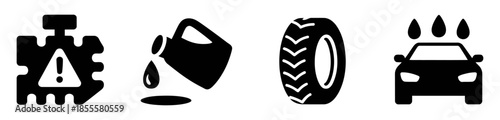Car maintenance icons in simple flat design with black silhouette on white background for automotive design 