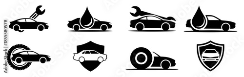 Car service and auto repair icons featuring mechanical wrenches, oil drops tires and protection shields for automotive maintenance