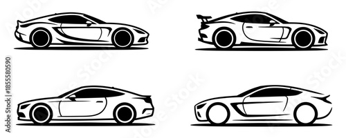 Sports car silhouette icon set in black and white featuring aerodynamic side views with sleek body shapes and racing design