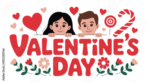 Valentine's Day Couple's Embrace: Celebrate the spirit of love with a charming illustration. A smiling couple and Valentine's Day elements creating a heartwarming expression of romance.