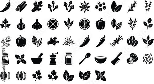 Collection of black and white silhouette icons representing various culinary herbs spices and cooking ingredients essential for flavoring food preparation